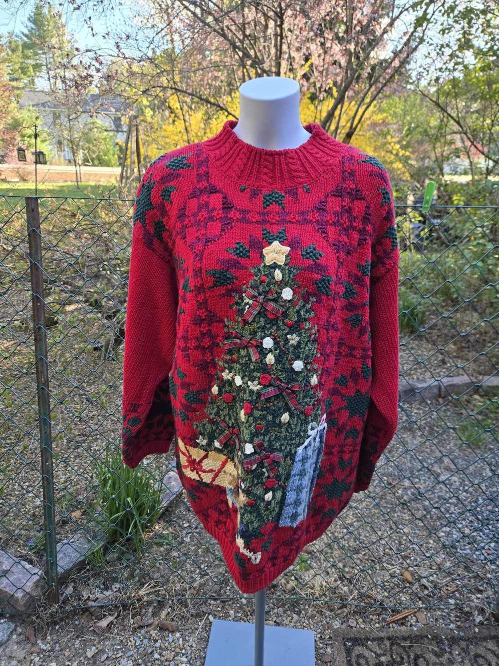 Red Holiday Christmas Tree Knit Sweater - Women Size 22/24,Very Heavy Vintage FB
